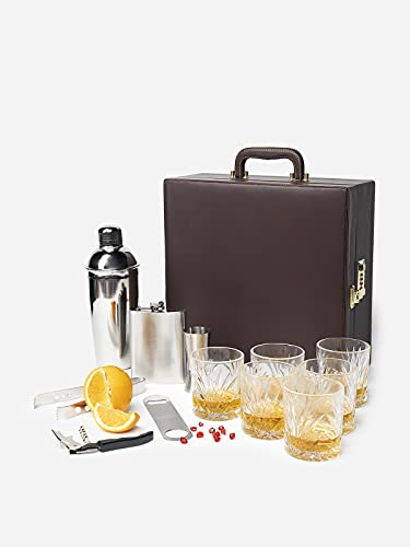 Image of Anything & Everything Big Premium Bar Set With 6 Whiskey Glasses | Portable Leatherette for Picnic, Travel, and Car (Brown)