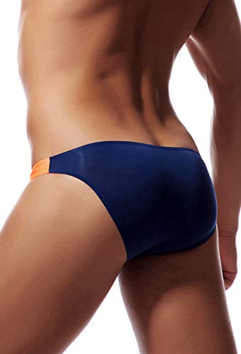 Newsywell Men's Ice Silk Bikinis Bulge Low Rise Briefs Swimwear Spandex Bulge Underwear Navy Blue Large #TOP1