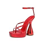 vivianly Square Toe Platform High Heels Ankle Strap Chunky Block Heeled Sandals Size 9 Red