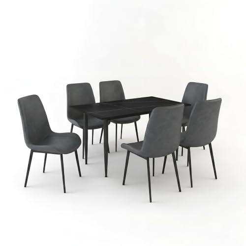 Image of Eclipse Six Seater Faux Marble Dining Set | 15mm Sintered Stone Dining Table | Upholstered Metal Chairs | Galaxy Black (DIY Assembly)
