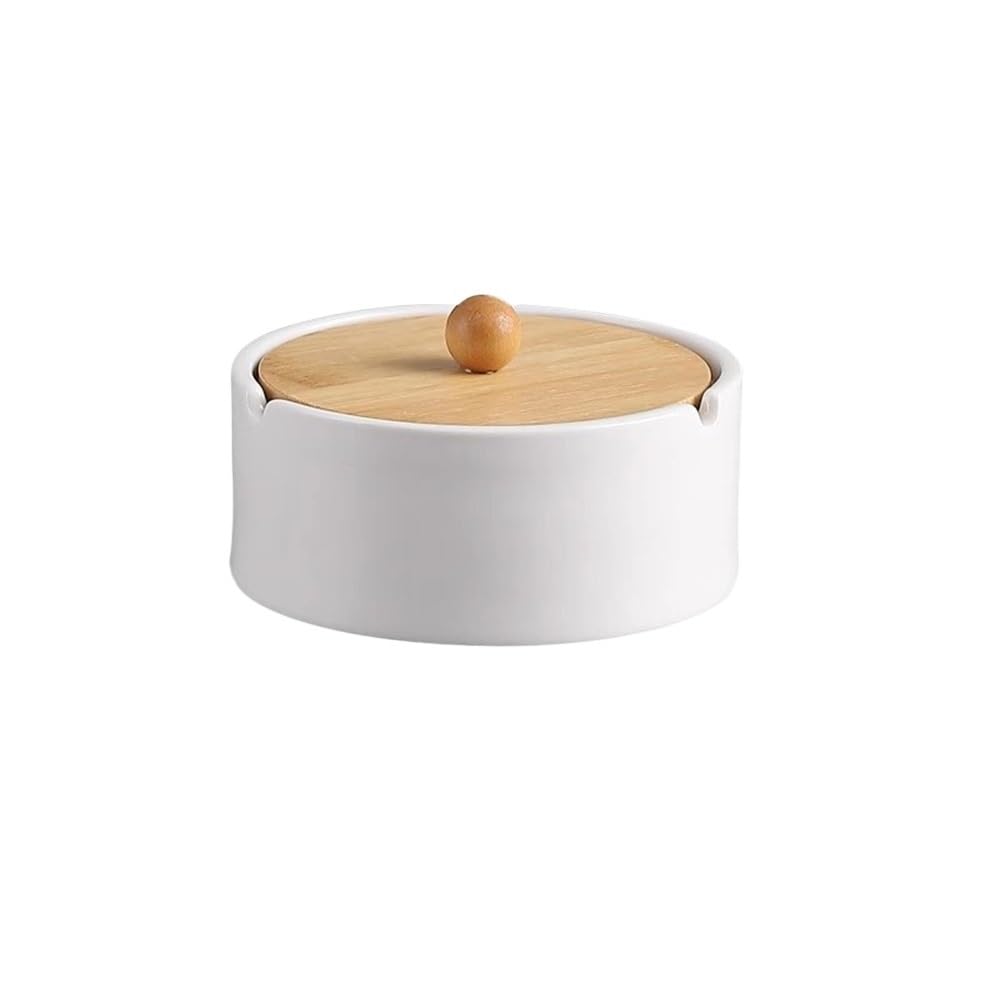 Indoor Decorative Ceramic with Lid Ashtray Indoor Outdoor Tabletop Bamboo Wood Desktop for Home Office Patios Gardens etc for Desktop(White)