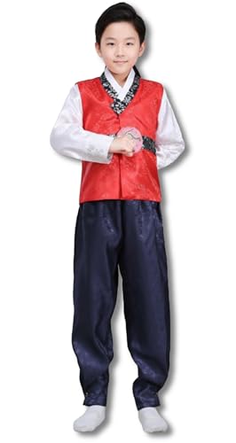 Traditional Korean Boys Hanbok Costume Set, Cultural Ceremonial Dress (Red, 7 Years)