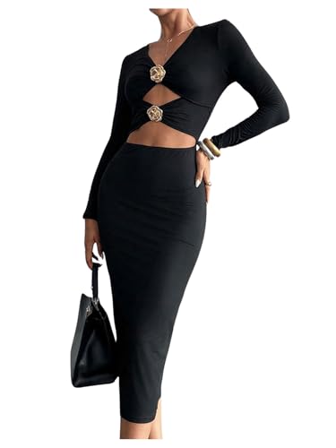 GORGLITTER Women's Flower Long Sleeve Cut Out Midi Dress V Neck Fall Casual Cocktail Formal Going Out Bodycon Dresses