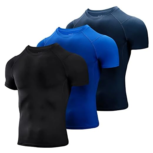 Niksa 3 Pack Compression Tops for Men Short Sleeve Mens Running Top Mesh Design Quick Dry Base Layer Top for Gym Sports Fitness Workout Cycling,Training, Black-blue-navy, M