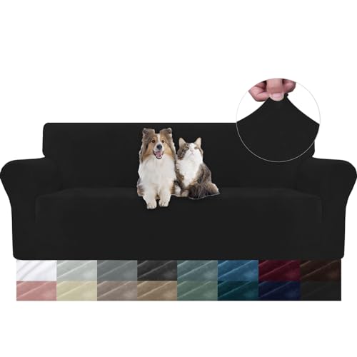 YSTELLAA Housse De Canapé en Velours 3 Places, Sofa Cover Extensible, Universelle Housse pour Canapé avec Accoudoirs, Protection Griffures, Antidérapant, Lavable, Noir