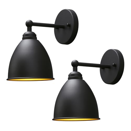 Image of Phansthy Industrial Hardwire Wall Sconce Vintage Farmhouse Wall Light Fixture, Right-Angled Wall Lights with Rustic Metal Lampshade for Bedroom, Living Room, Reading, Kitchen (Black, 2 Pack)