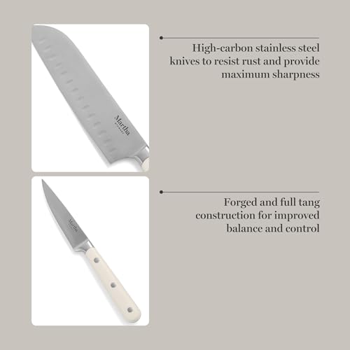 MARTHA STEWART Eastwalk 14 Piece High Carbon Stainless Steel Cutlery Kitchen Knife Block Set w/ABS Triple Riveted Forged Handle Acacia Wood Block - Linen White