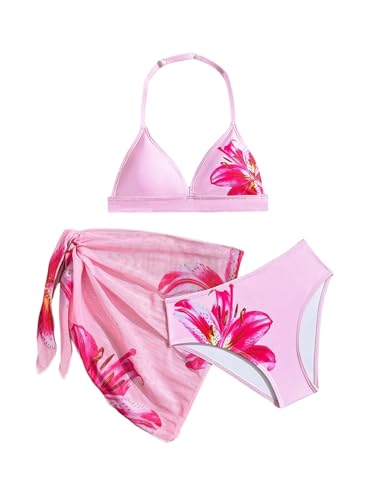 Verdusa Girl's 3 Piece Bikini Sets Boho Floral Backless Halter Top with Cover Up Skirt Swimsuit