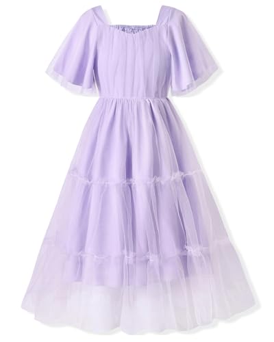 fioukiay Girls Tiered Tulle Maxi Dress Flower Girl Dresses Vintage Ruffle Sleeve A-Line Formal Bridesmaid Wedding Party Dress