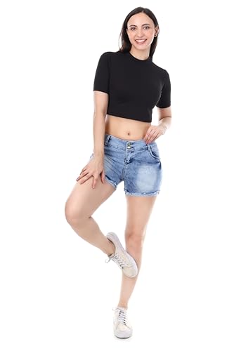Image of Women's Stretchable Denim Shorts | Relaxed Fit | Low Rise | Frayed Hem | Casual Summer Wear