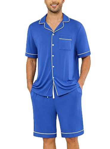 Image of Veseacky Men's Button Down Pajama Set Short Sleeve Shorts Modal Soft Sleepwear Loungewear Pjs with Pockets S-XXL