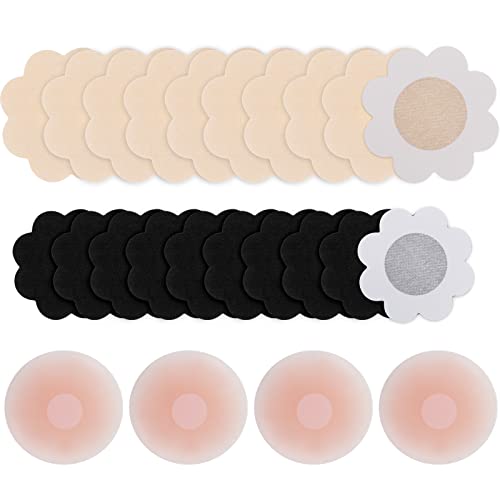Bigqin 12 Pares Cubierta del Pezón, 4 Pétalos de Silicona para el Pecho, 20 Tela no Tejida, Funda Invisible Pezones Flores Reutilizables Adhesivas Sin Pezones...