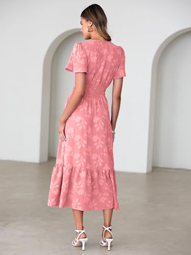 Image of Simplee Womens Summer Boho Maxi Dress Semi Formal Wedding Guest Short Sleeve V Neck Empire Waist Floral Long Dresses