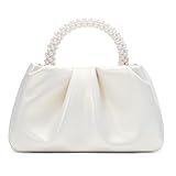 YYW Women Evening Bags Pearl Clutch Purses Soft Leather Ruched Crossbody Handbags for Wedding Bridal Party (White)