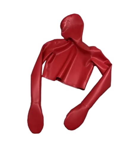 Parte superior de látex rojo con capucha integral y guantes fetiche