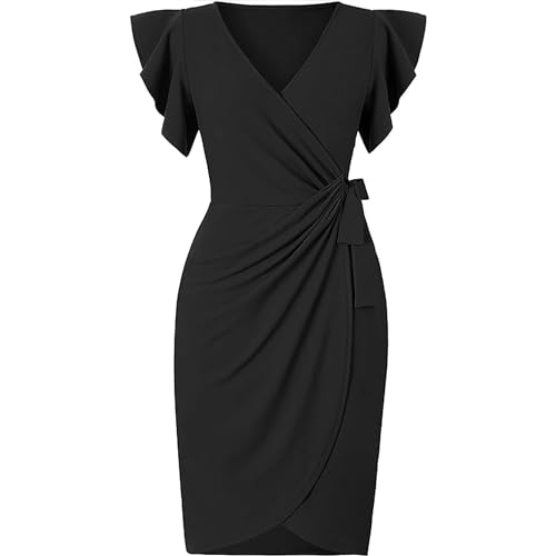 2025 Womens Deep V Neck Ruffle Sleeve Plus Size Work Cocktail Party Elegant Ruched Midi Wrap Dress with Belt2