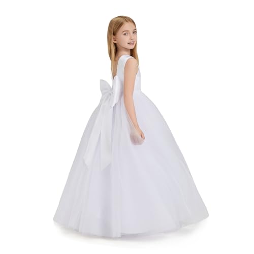 White Pearls Flower Girl Dress for Wedding Party Kids Princess Tulle Prom Ball Gown with Big Bow Sash YFD370