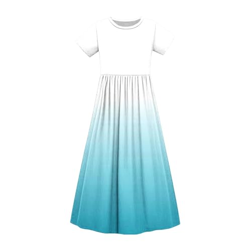 Girls Short Sleeve Maxi Dress Summer Gradient Sundress Long Pleated Casual Dresses with Pockets 4-14 Years4