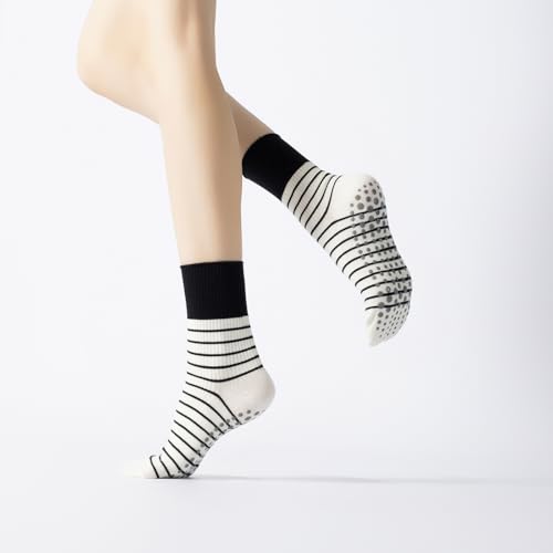 Image of Verdancy Yoga Pilates Socks with Grips for Women Non Slip Striped Cushioned Crew Socks for Barre Ballet Dance