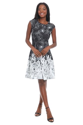 Image of London Times Women's Women's Fit and Flare Knee Length Cap Sleeve Round Neck - Border Print Special Occasion Cocktail Dress