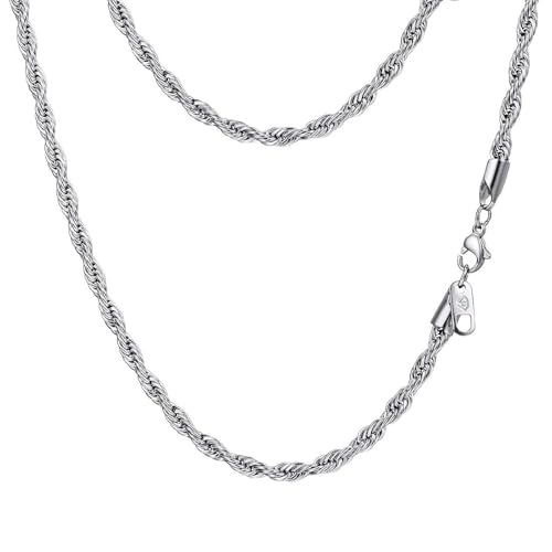 PROSTEEL 3mm/6mm Rope Chain Necklace for Men, Black/Gold Plated Mens Chain Necklace, Stainless Steel Necklace Chain for Men Women, 18"-30", Come with Box 20 inches C. Rope chain-3mm-Silver