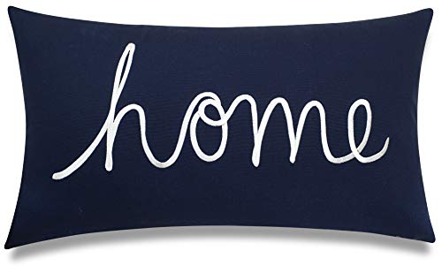 EURASIA DECOR Home Sentiment Embroidered Decorative Lumbar Pillowcase - Housewarming, Living Room, Couch, Bedroom - 14x24 Inches, Navy Blue