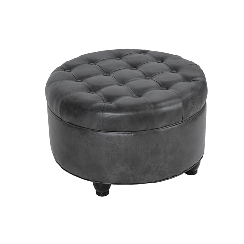 Image of HomePop 25 inch Button Tufted Round Storage Ottoman - Gray Faux Leather