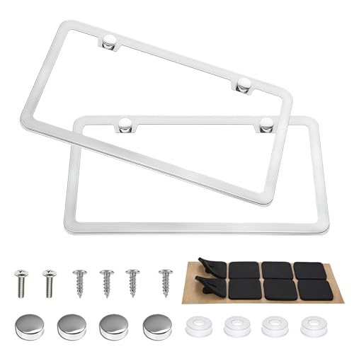 Image of MTABCTY 2 Pack Silver Stainless Steel License Plate Frames - 2 Hole Rust-Proof Mirror Polish Car License Plate Frame Cover, Universal for Cars Women & Men with Chrome Screw Caps
