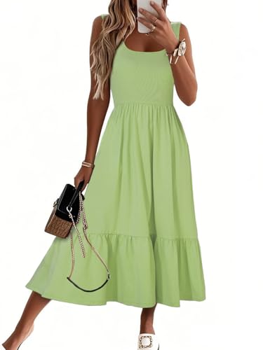 HDLTE Women Summer Dresses 2025 Square Neck Tiered Tank Long Maxi Casual Sundress with Pockets Green