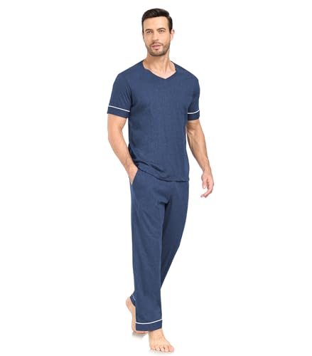 COLORFULLEAF Mens 100% Cotton Pajamas Set Short Sleeve V-Neck Sleepwear Soft Loungewear Pjs with Pockets (Heather Navy,M)2