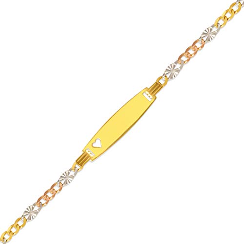 Id Bracelet - Unique Jewelry Gift for Her and Him - Tricolor Figaro Star Heart 14k Gold Bar Bracelets – Free Customizable Personalized Engraving with Name - Brazalete Con Place 14k Oro -Size 6''