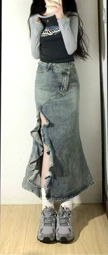 Women's Solid Mermaid Skirt Casual Vintage A-Line Split Hem Denim Skirt3