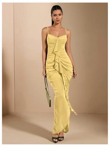 Image of Floerns Women's Ruffle Ruched Cami Dress Draped Split Elegant Bodycon Maxi Dresses