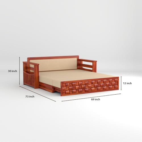 Image of Solid Sheesham Wood Sofa Cums Bed with Mattress & Storage | Rosewood Convertible Sofa Bed for Living Room & Bedroom (G-Honey Finish, 3 Seater)