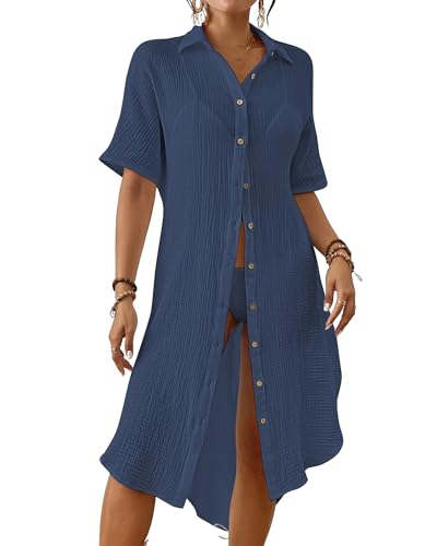 Bsubseach 2025 Cotton Beach Cover Up for Women - Long Button Down Swimsuit Coverup Bathing Suit Shirt Dress Vacation Outfits