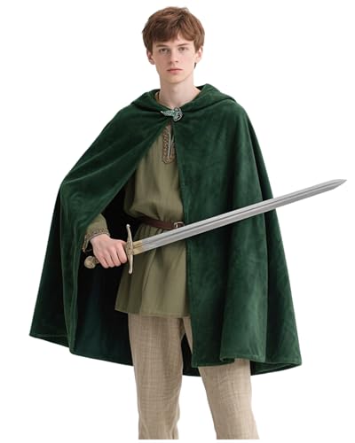Joukavor Hobbit Cloak with Leaf Brooch Frodo Baggins Cape Aragorn Costume (Green Large)