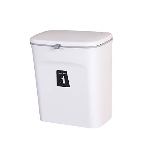 ZYHUI Large Hanging Plastic Recycling Bin with Flip-Top Lid and Adhesive Mounting for Kitchen Cabinet - Wall-Mounted Trash Can for Indoor Use (White, 9L)