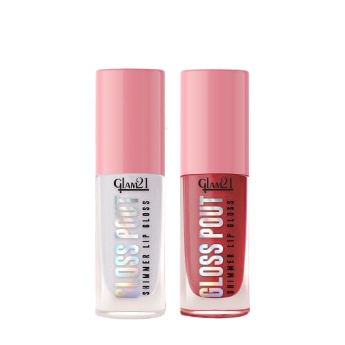 Image of Glam21 Gloss Pout Shimmer Lip Gloss| High Shine |Glossy Finish |Soft & Hydrating Lips | Non-sticky texture | Lightweight | Glass-like shine | 7gm | Pack Of 2 (Crystal Kiss & Crimson Kiss)