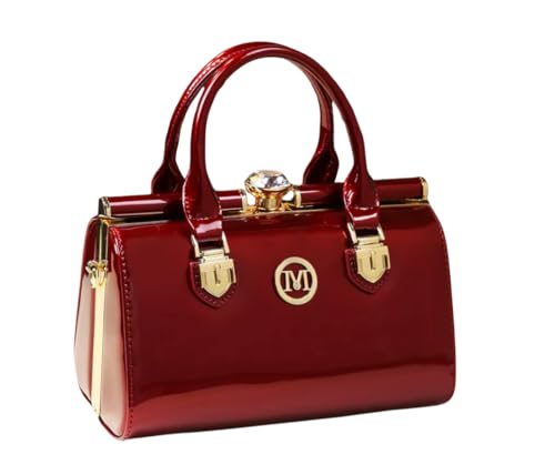 Elegant Patent Leather Handbag, Black with Gold Hardware, Crystal Accent,