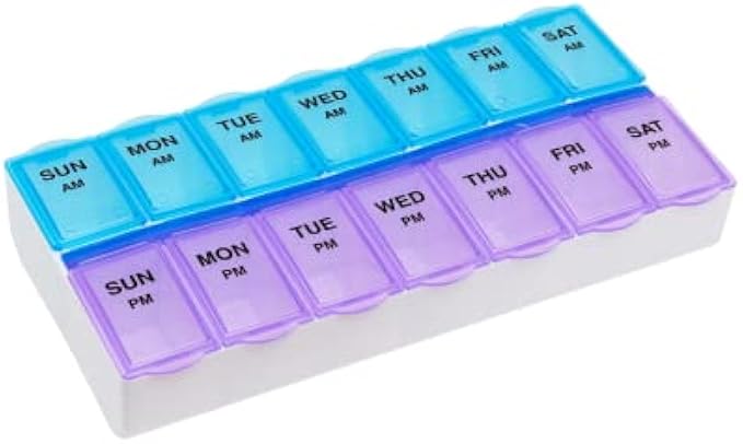 EZY DOSE Weekly (7-Day) Pill Organizer and Planner, Countoured Bottom for Easy Pill Removal, Large, Blue/Purple Am/Pm,1 Count (Pack of 1)