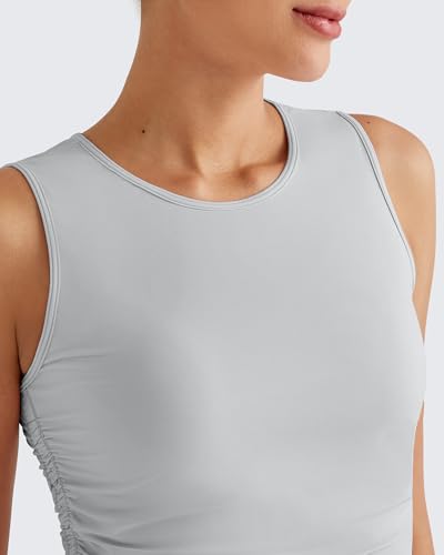 Image of G4Free Skimetic Workout Tank Tops for Women Side Ruched Sleeveless High Neck Crop Top Summer Athletic Gym Shirts