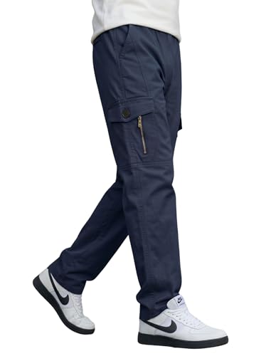 Image of Men's Cargo Pants-100% Premium Cotton Tapered Fit Lightweight Breathable Multi-Pocket Drawstring Utility Casual Trousers
