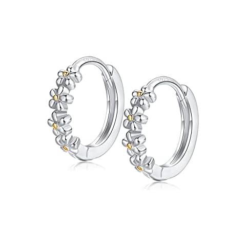 Daisy Earrings for Women 925 Sterling Silver Post Hypoallergenic Daisy Flower Cluster Small Huggie Earrings for Women Girls Fashion Jewellery Gifts-Golden Flower Heart Diameter 10mm Cover