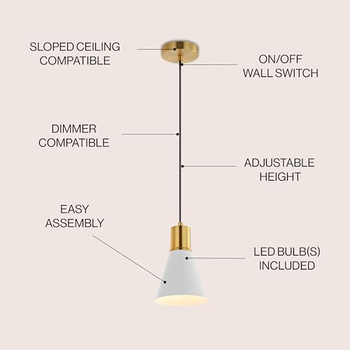 Image of JONATHAN Y Apollo Mid-Century 1-Light Pendant 6 inch, White /Brass Gold | Modern, Adjustable Height, Metal Cone Shade, Kitchen Island, Hallway, UL Listed, Slope-Compatible, LED Bulb Included