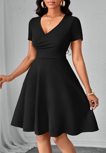 Women Summer Short Sleeve Dress V Neck Semi Casual Fit and Flare Church Wedding Guest Work Dresses with Pockets3