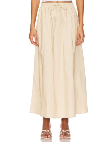 IDEALSANXUN Linen Skirts for Women Spring Summer A Line Drawstring Elastic High Waisted Casual Flowy Midi Skirt with Slit2