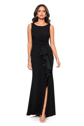 Image of Betsy & Adam Women's Long Bodycon Sleeveless Boat Neck Evening Gown with Side Slit Ruffle