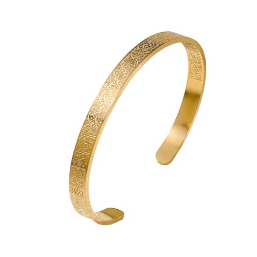 GAUEIOUR Ayatul Kursi Bracelet,Muslim Quran Allah Double-Sided Carved Stainless Steel Open Cuff Bracelet, Arabic Calligraphy, Unisex, Islamic Eid Jewelry Gift, Gold
