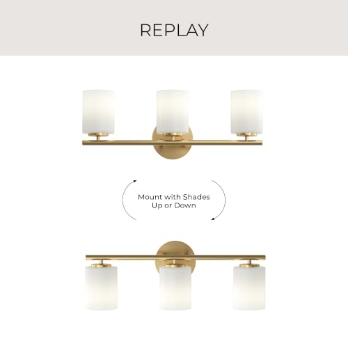 Image of Progress Lighting Replay 22 Inch 3-Light Vanity Light, Transitional, Brushed Gold with Etched Glass Shades, (7.875 inch H x 22 inch W x 6 inch D), P2159-191