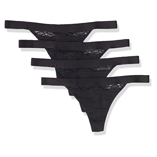 Amazon Essentials Tanga de Tira en Algodón y Encaje Mujer, Pack de 4, Negro, 44